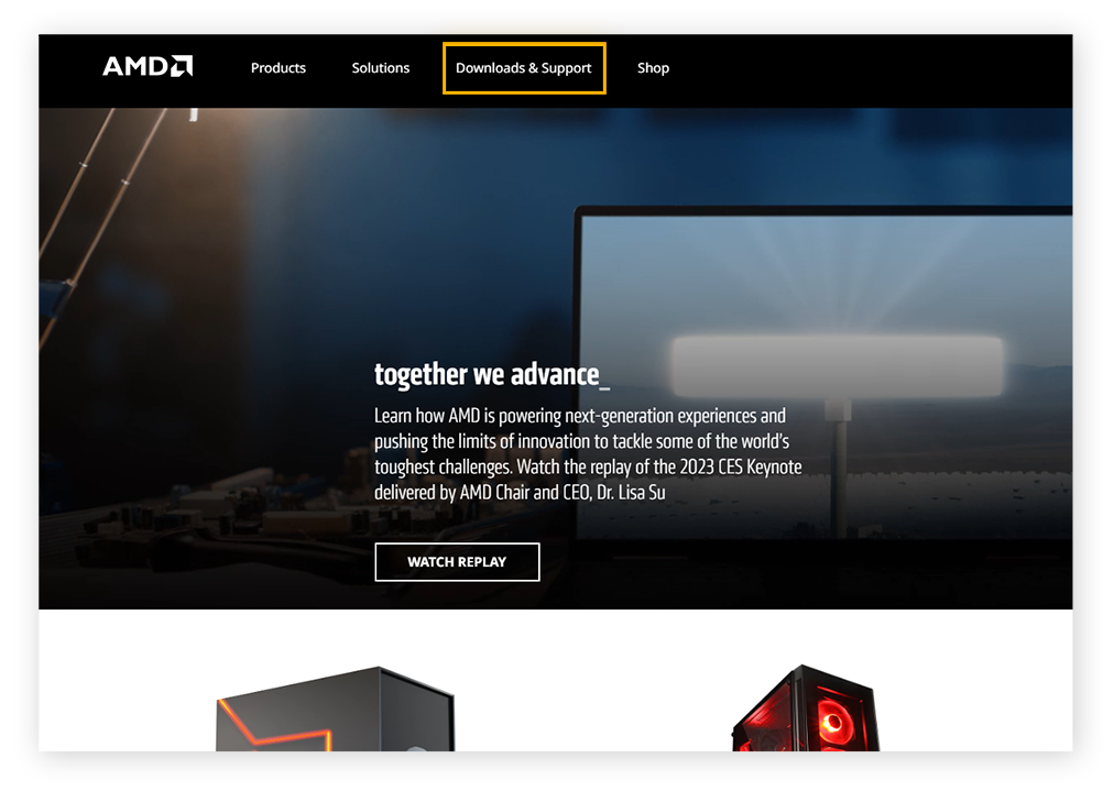 Navigation vers la section Téléchargements et assistance sur la page d’accueil d’AMD.