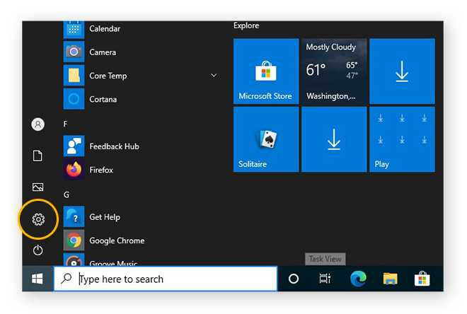 Opening the Settings from the Start menu in Windows 10