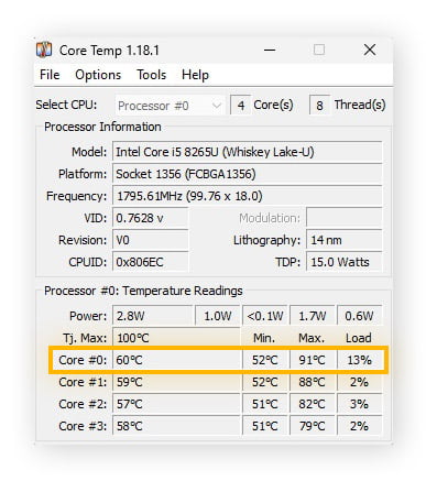 The CPU temperature range is at the bottom