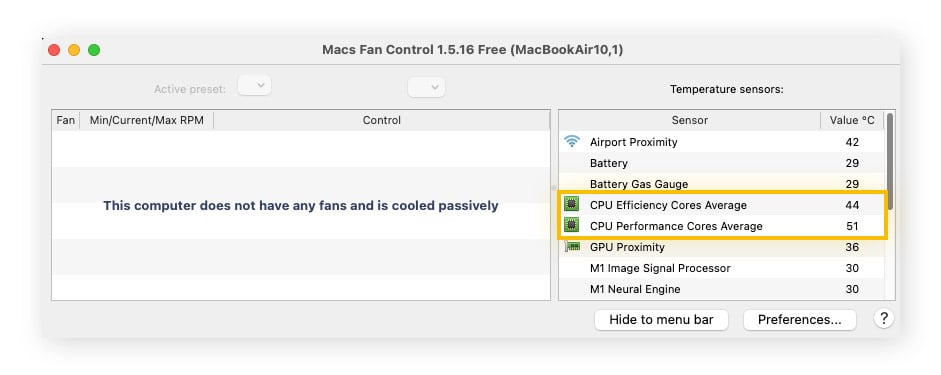  How to check CPU temperature in Macs Fan Control.
