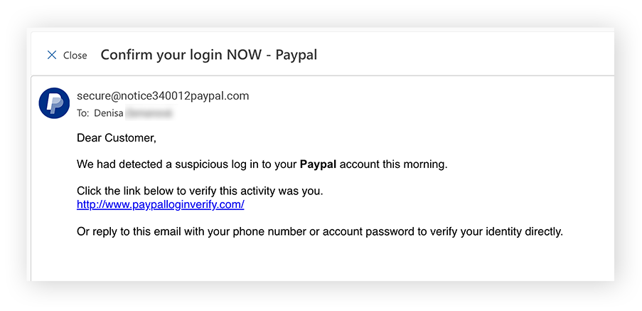 PayPal-phishingscams zijn vaak te herkennen aan valse e-mails waarin om persoonlijke gegevens wordt gevraagd, of die valse URL's en grammaticafouten bevatten.