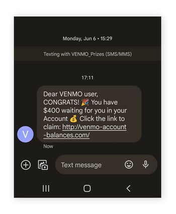 Eine betrügerische SMS, in der behauptet wird, dass auf das Venmo-Konto der Zielperson 400 USD überwiesen wurden