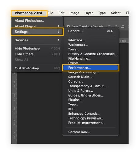 Menu Photoshop sur Mac, sous Paramètres, option Performances sélectionnée.