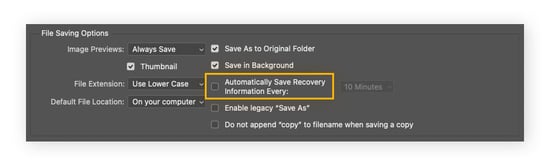 Janela Opções de salvamento de arquivo no Photoshop no Mac, com a caixa “Salvar informações de recuperação automaticamente a cada” desmarcada.