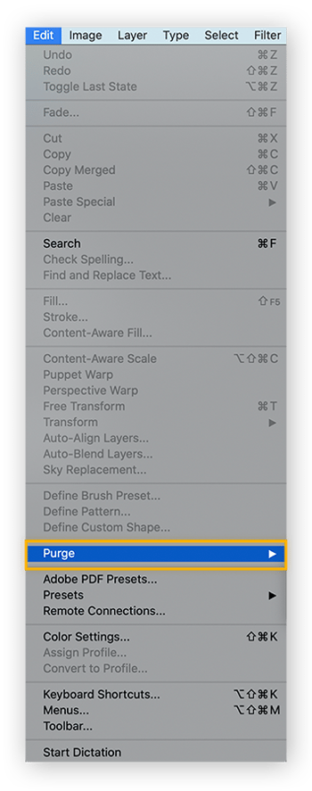 Selección de la opción Purga en el menú Edición de Photoshop en Mac.