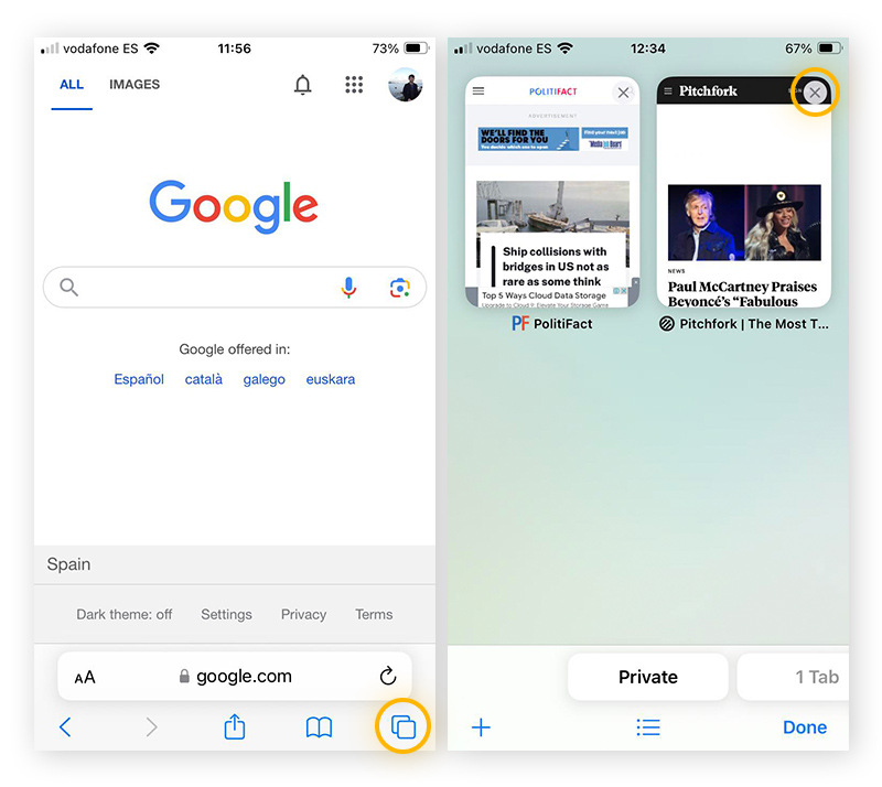 Finding and swiping a Safari for iOS Private tab to close it.
