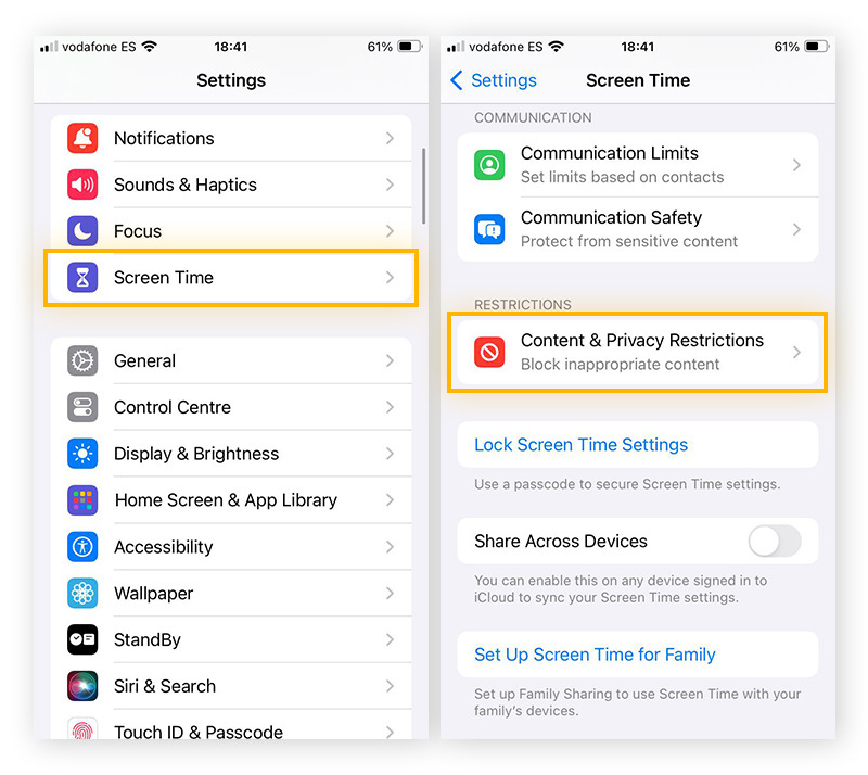 Accessing the Content Restrictions in the iOS Content & Privacy Restrictions menu
