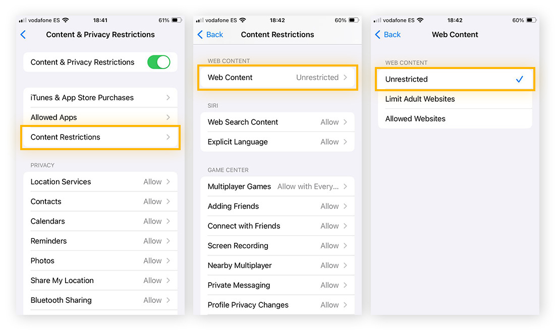 Selecting Unrestricted Web Content in the iOS Content & Privacy Restrictions menu.