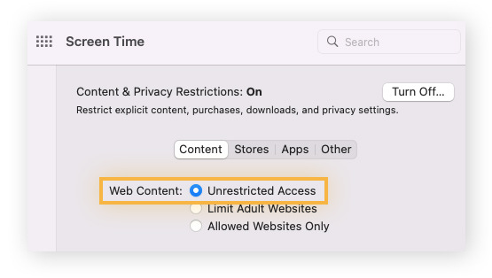 Select Unrestricted Access beside Web Content
