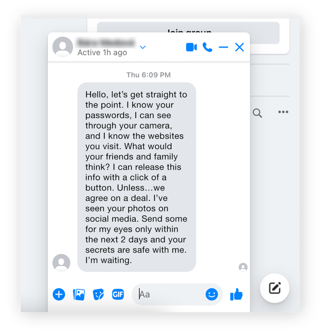 Ein Beispiel für Sextortion über den Facebook Messenger.