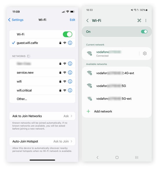 iOS and Android screenshots showing mobile data and WiFi connection options.