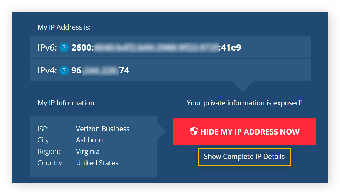 A screenshot from What is my ip address.com showing the user's IP address. The link "show complete IP details" is circled.