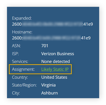  Further details of IP address shown on what is my IP address.com, with assignment and the text "Likely Static IP" circled.