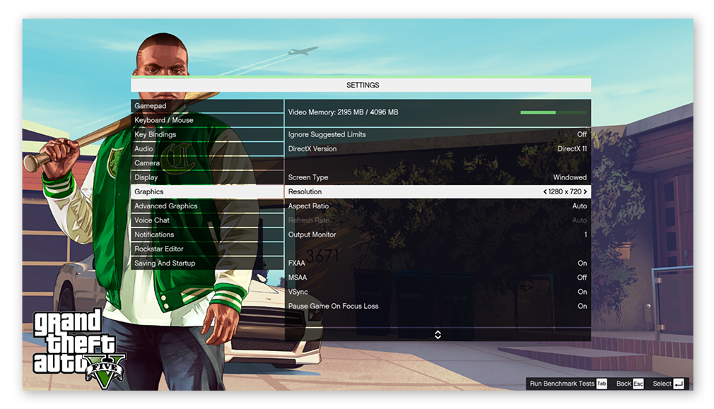 As configurações gráficas no menu do Grand Theft Auto V no Windows 10