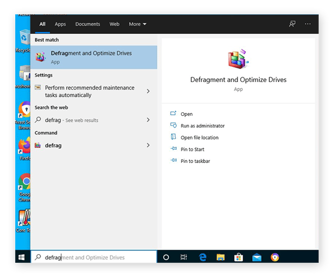 Searching for the Defragment and Optimize Drives app in the Windows menu for Windows 10