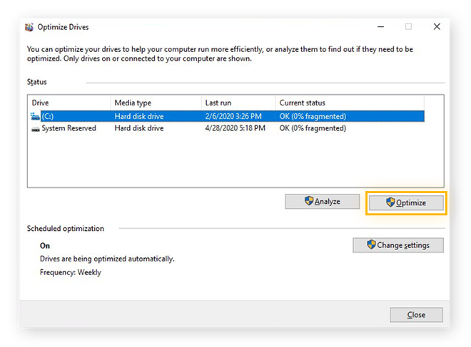 Defragmenting drives with the Optimize Drives function in Windows 10