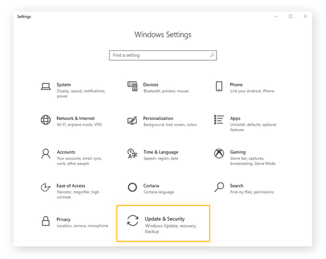 Abrir as configurações de atualização e segurança no menu Configurações no Windows 10