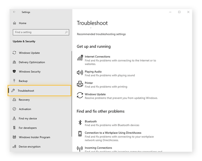 The troubleshooting utilities in the Settings in Windows 10