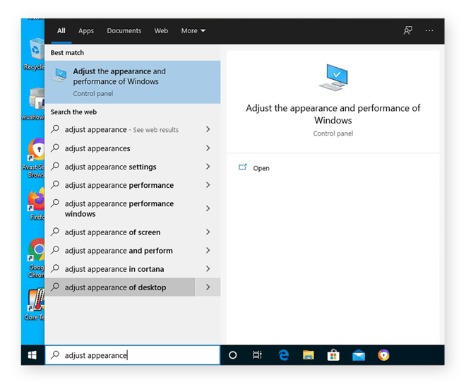 Searching for the Performance Options in the Cortana search bar by entering the phrase "adjust appearance"