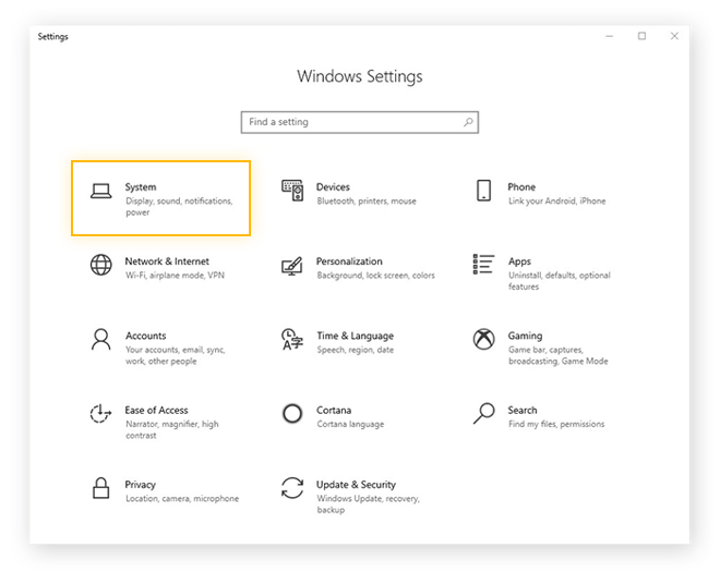 Apertura de las opciones de Sistema en el menú Configuración de Windows 10