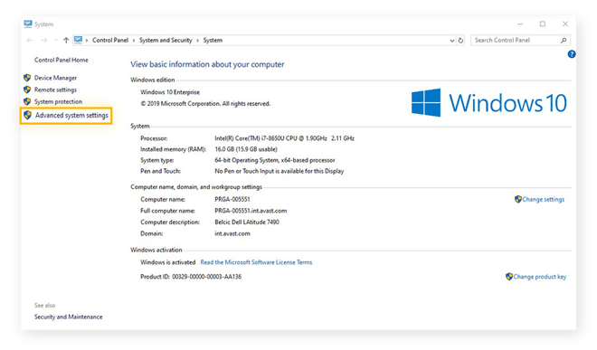 Opening the Advanced system settings within the System settings of Windows 10