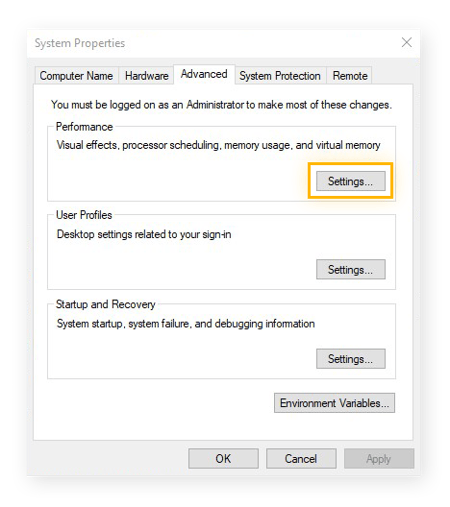 Apertura de Configuración de rendimiento en la pestaña Avanzado de las Propiedades del sistema de Windows 10