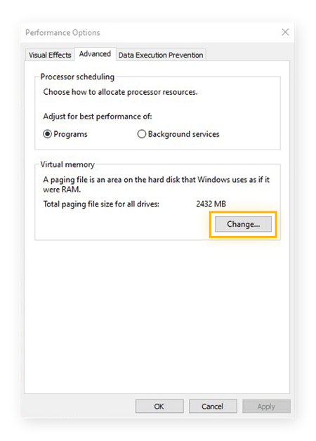 Öffnen der Einstellungen für den virtuellen Speicher auf der Registerkarte „Erweitert“ in den Leistungsoptionen unter Windows 10