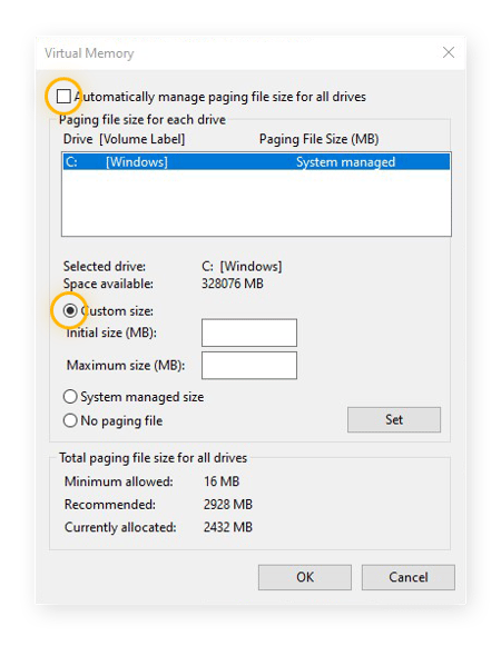 Los ajustes de Memoria virtual de Windows 10, donde se muestra cómo establecer un tamaño personalizado