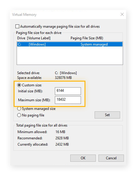 Setting a custom size for virtual memory in Windows 10