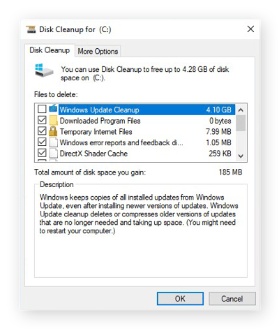 Removing temporary files with Disk Cleanup in Windows 10