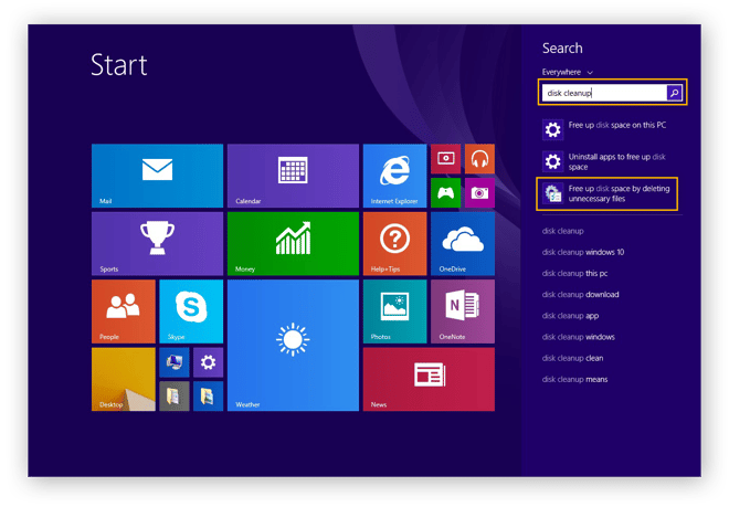 Searching for the Disk Cleanup tool in the Start Menu of Windows 8