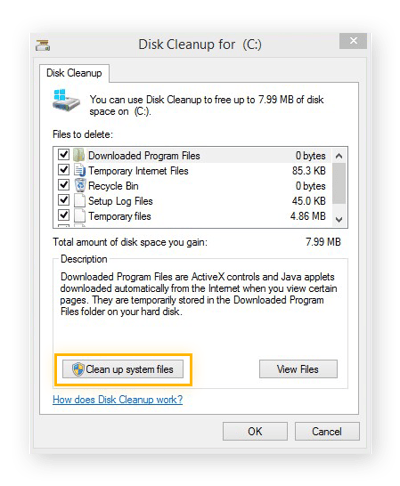 Removing temporary files with the Disk Cleanup tool in Windows 8