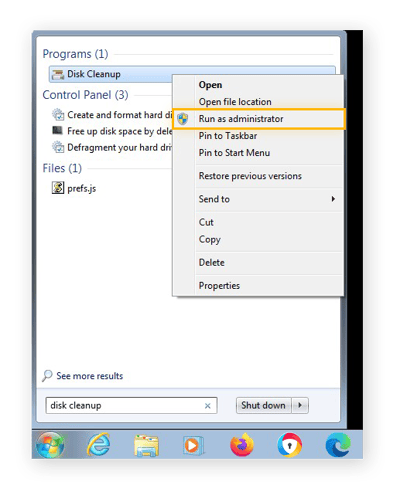 Apertura dello strumento Pulizia disco come amministratore in Windows 7