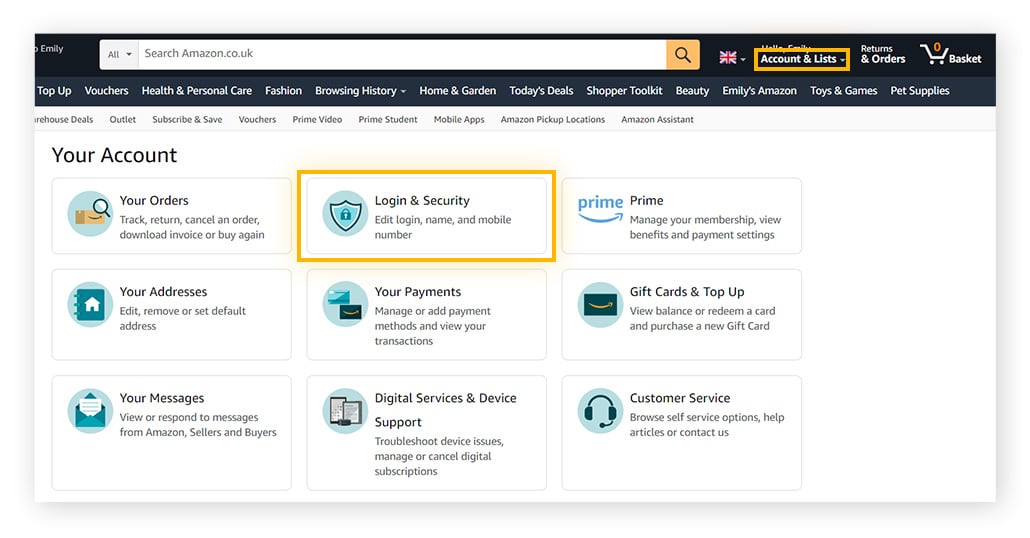 Encontre as configurações de login e segurança em sua conta da Amazon
