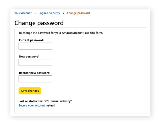 Saisissez votre mot de passe actuel et saisissez un nouveau mot de passe sur votre compte Amazon.
