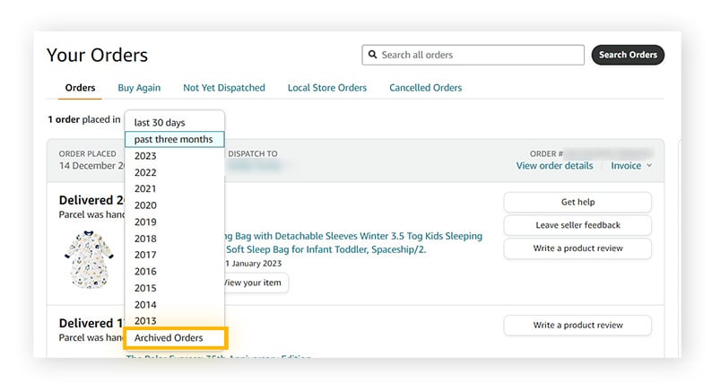 Controleer de gearchiveerde bestellingen van uw Amazon-account op bestellingen die een hacker mogelijk heeft verborgen