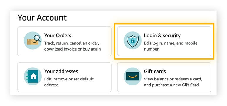 Haga clic en Inicio de sesión y seguridad para ver la configuración de seguridad y activar la verificación de dos factores de su cuenta de Amazon.