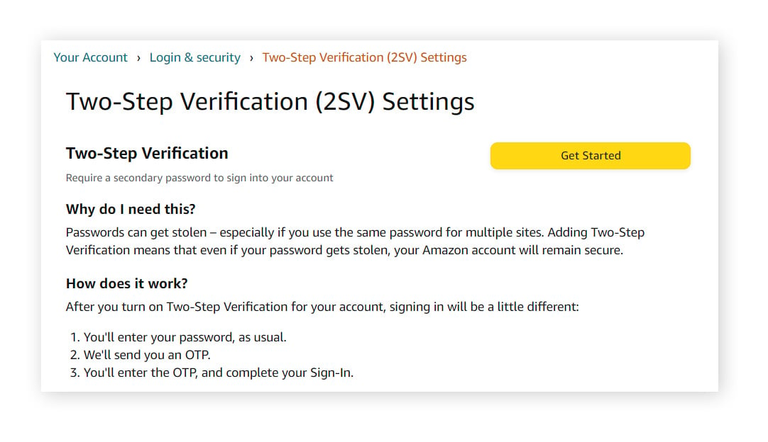 Haga clic en Empezar para configurar la verificación de dos factores de su cuenta de Amazon.