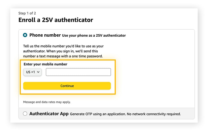 Saisissez votre numéro de téléphone portable pour activer la vérification en deux étapes sur votre compte Amazon.