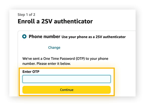 Enter the OTP sent to your phone to set up two-step verification on your Amazon account