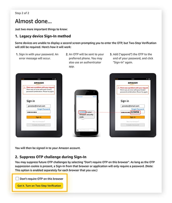 Führen Sie den letzten Schritt für die zweistufige Verifizierung in Ihrem Amazon-Konto aus