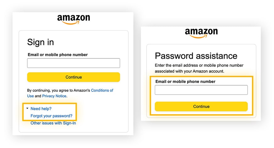 Clicking 'Need help?' and entering your email or phone number to begin the process of resetting your Amazon account password.
