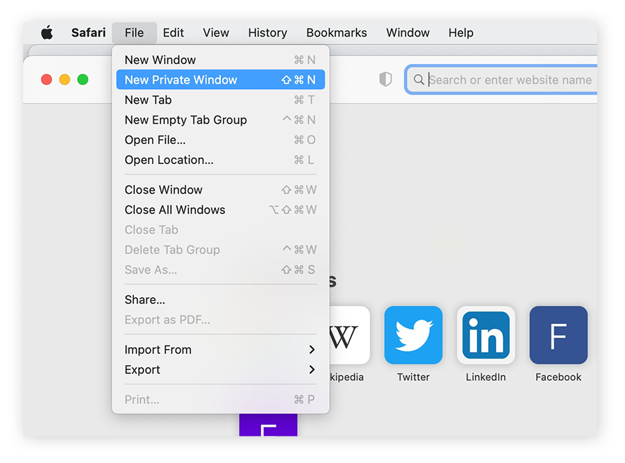 Apertura di una finestra di navigazione privata in Safari su Mac.