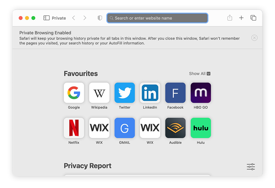 Nuova finestra privata di Safari su Mac.
