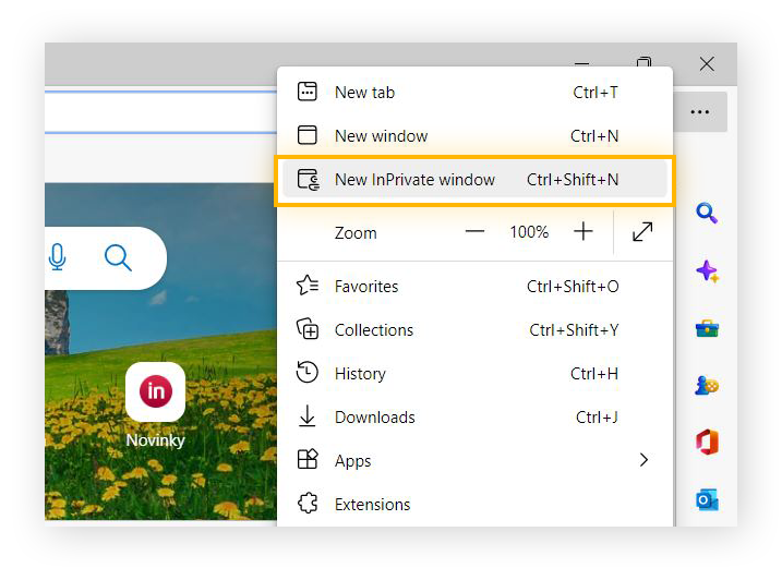 Selecione “Novas janelas InPrivate” no menu do navegador Edge para iniciar a navegação privada.