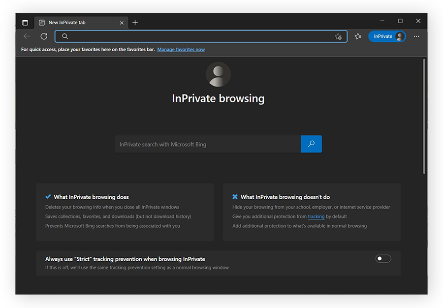 A new InPrivate browsing window in Edge.