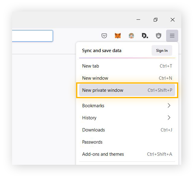 Seleccione Nueva ventana privada para empezar a navegar de forma privada en Firefox.
