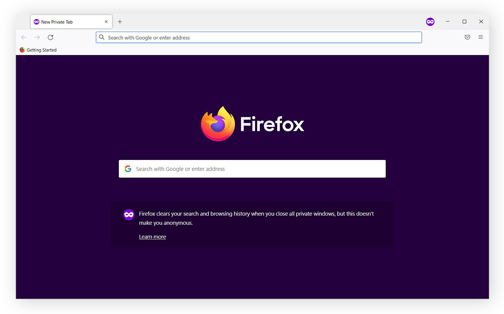 Una nueva ventana de navegación privada en Firefox.