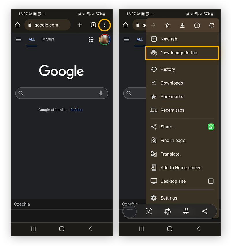 Ouverture d’une nouvelle fenêtre du mode incognito dans Google Chrome sur Android.